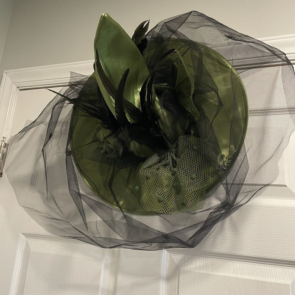 Green Witches Hat With Black Feathers Flowers Spider Crinoline Cosplay Halloween